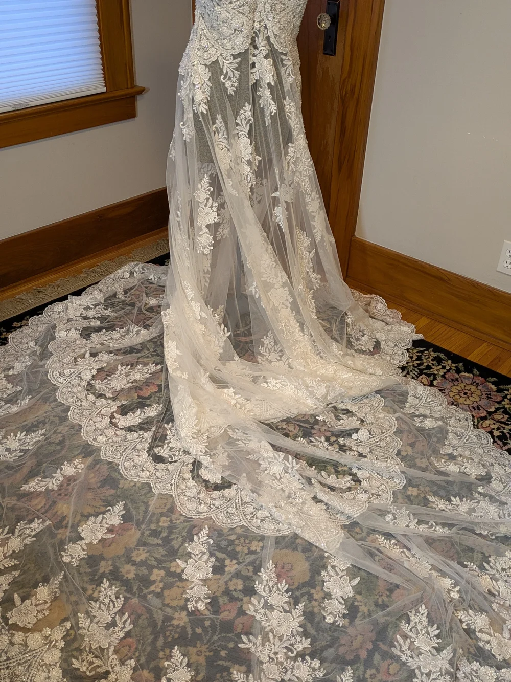 Ivory Beaded Bodice Bridal Overlay with Train and Floral Appliqué - Picture 2 of 12